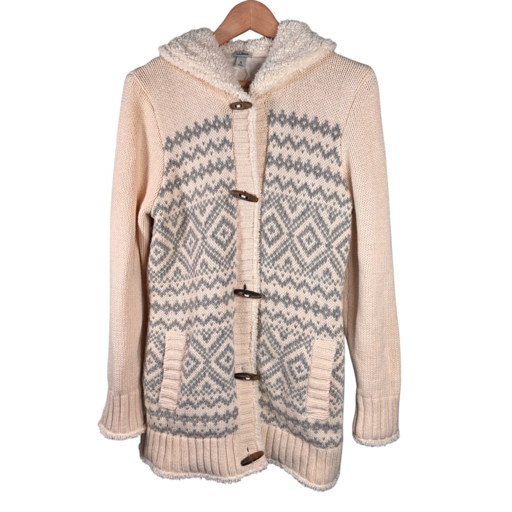 LL Bean Fair Isle Knit Sherpa Trim Cardigan Hoodie Size Medium Ivory Gray Jacket